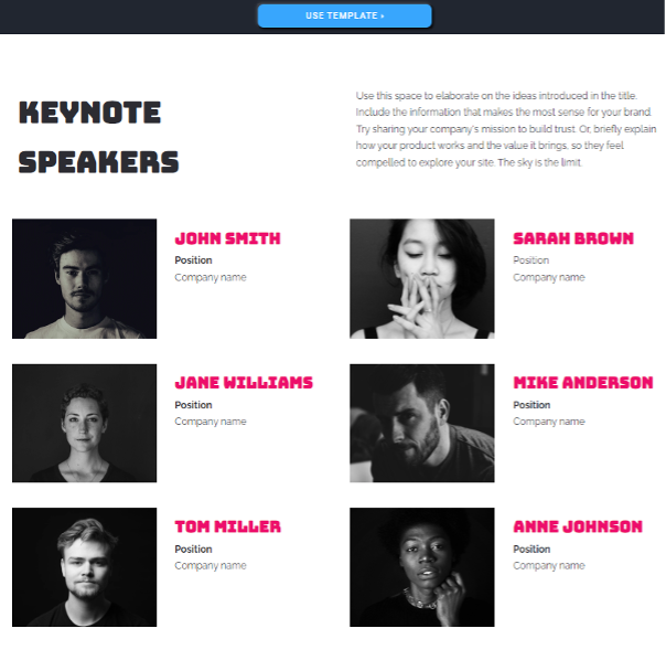 Example of a landing page template for an event.